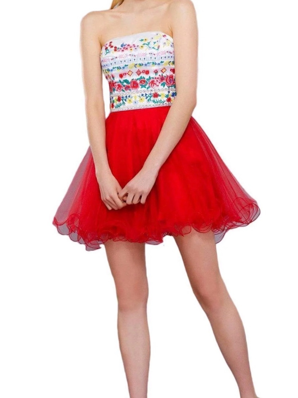 Strapless Red Floral Bodice Party Dress